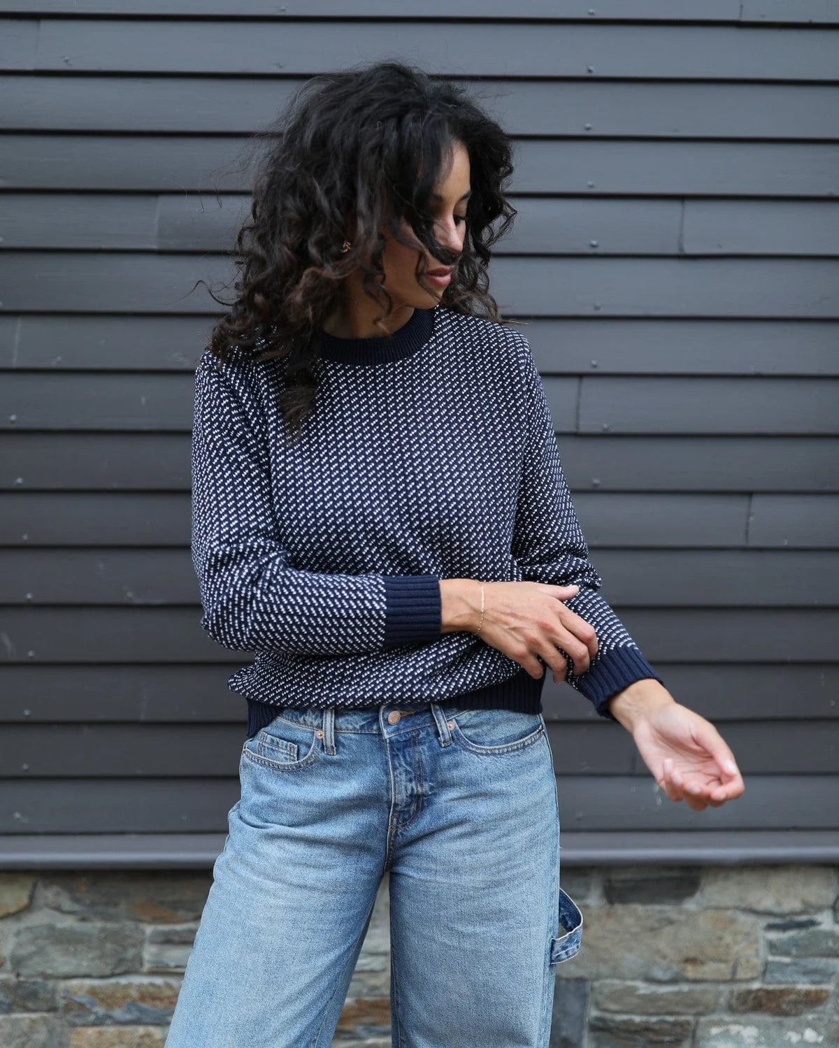 Birdseye Crewneck Pullover - Navy / Natural