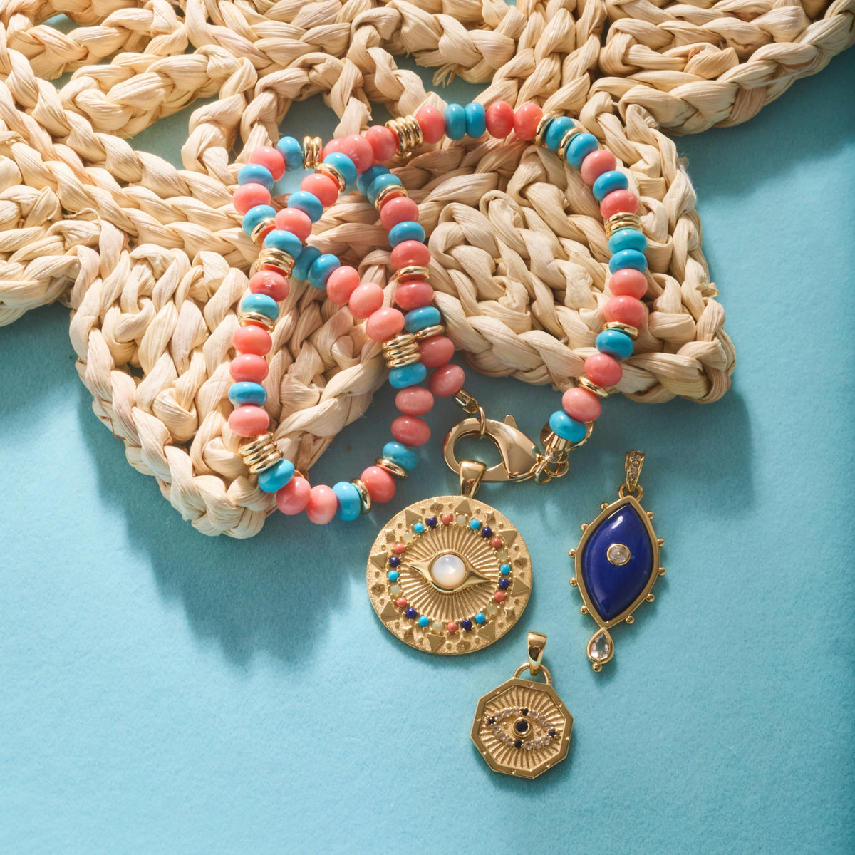 Gumdrop Beaded Necklace in Coral and Turquoise Mix